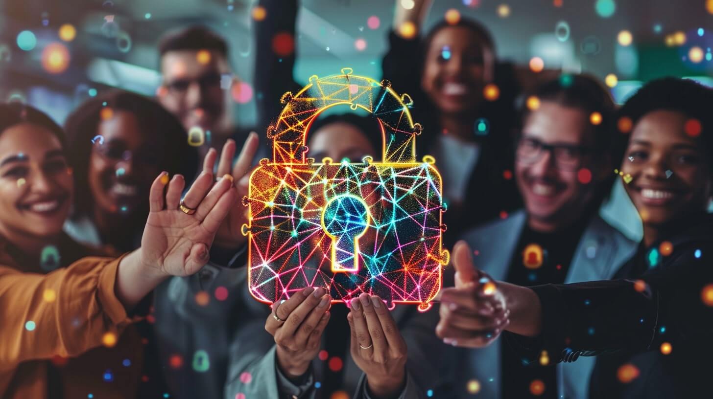 Group of diverse employees holding up interconnected puzzle pieces that form a giant lock symbol, representing collaboration in cybersecurity
